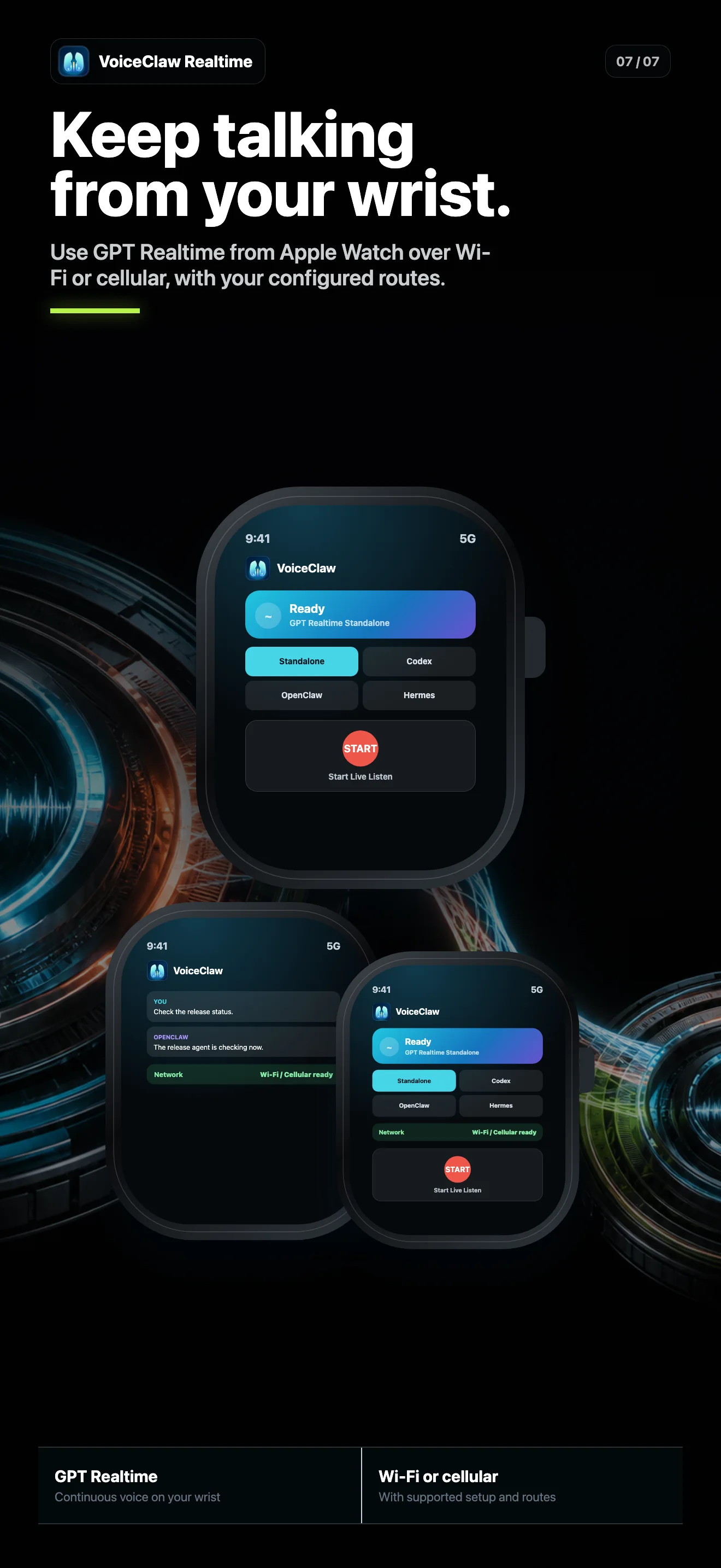 VoiceClaw Realtime running on Apple Watch, including direct voice and route controls