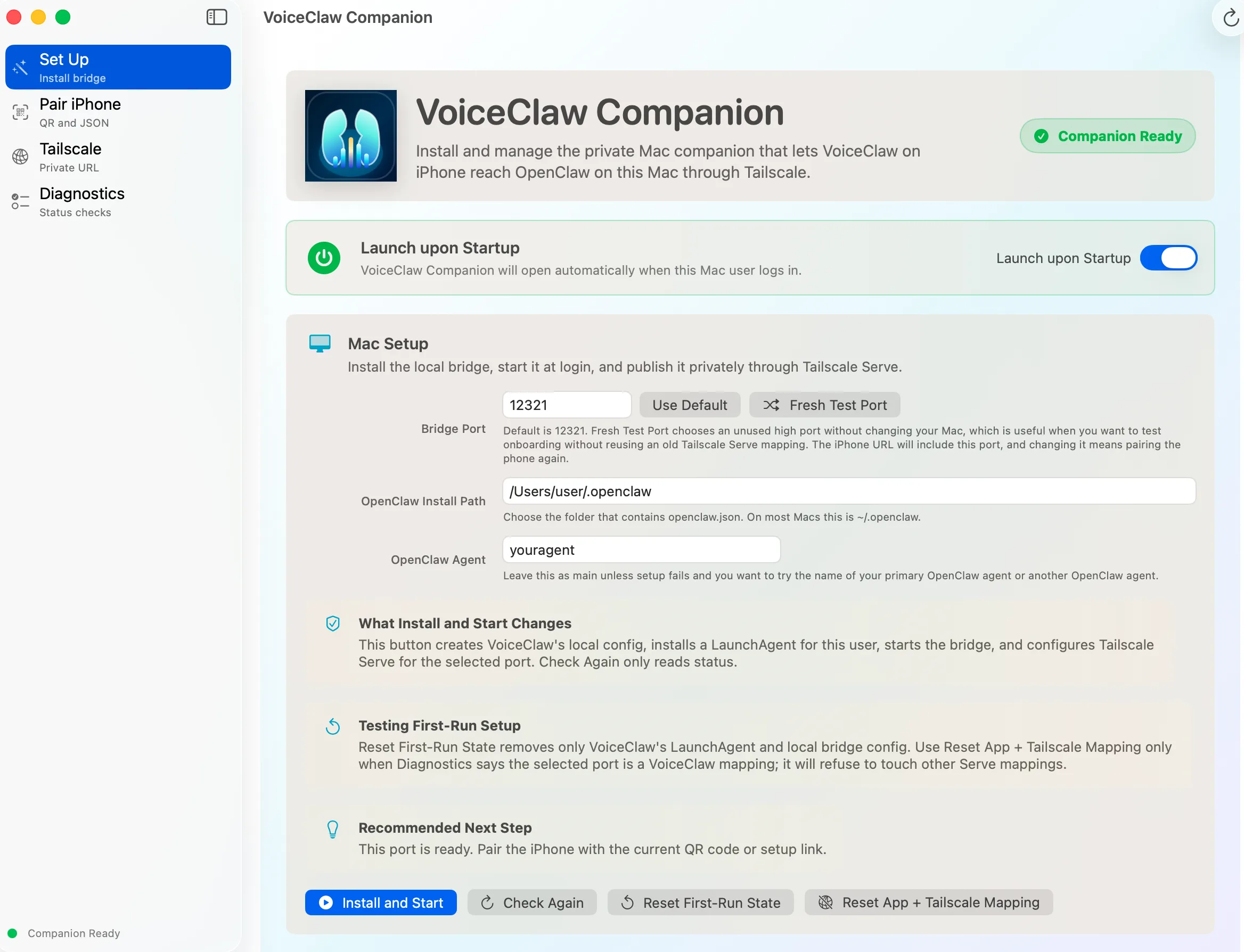 VoiceClaw Companion for macOS showing bridge setup and a ready status