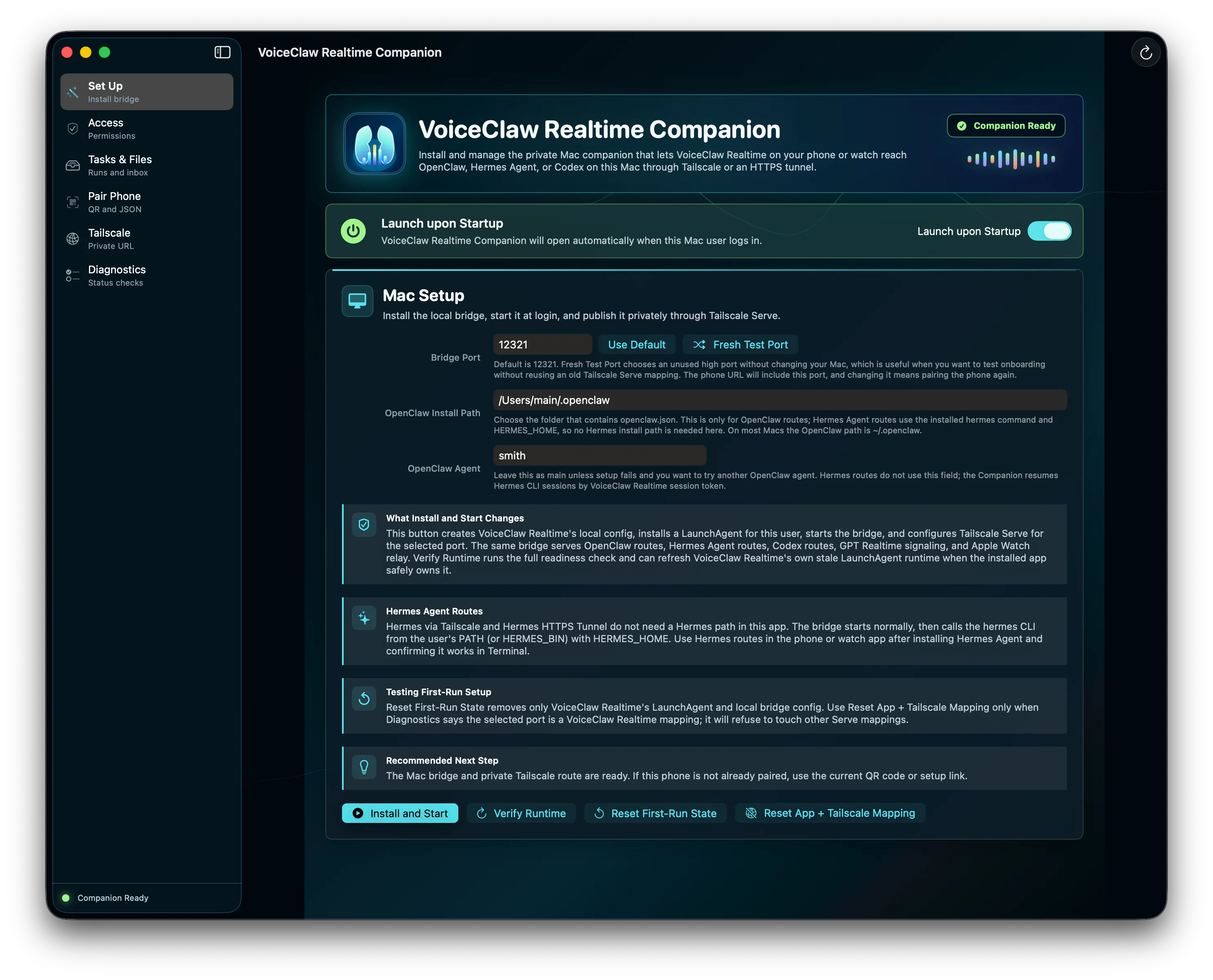 VoiceClaw Realtime Companion for macOS showing setup, bridge controls, and a ready status