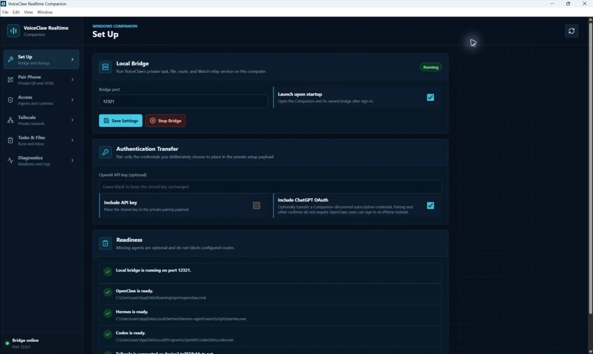 VoiceClaw Realtime Companion for Windows showing bridge setup and ready Codex, OpenClaw, and Hermes routes