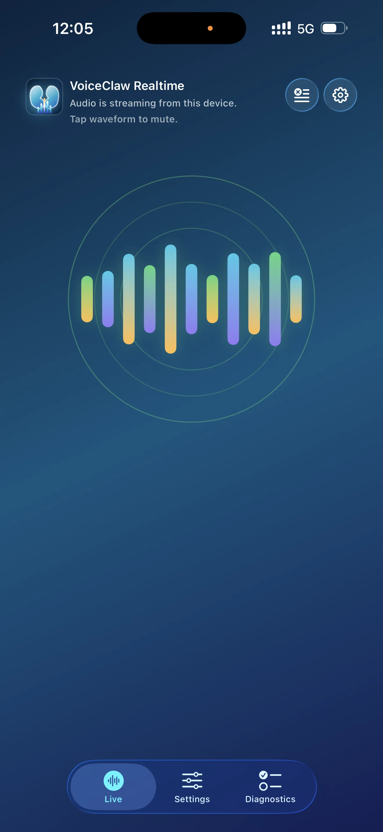 VoiceClaw Realtime Simplified View in portrait with the clean blue background