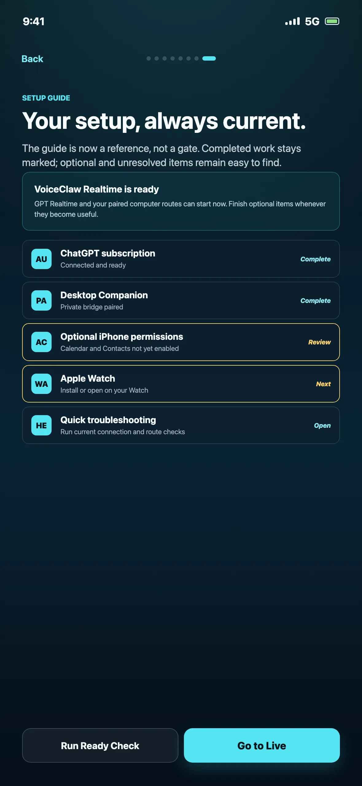 VoiceClaw Realtime Setup Guide with completed, review, next, and open status rows