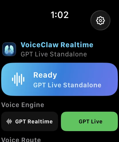 VoiceClaw Realtime engine and route controls on Apple Watch